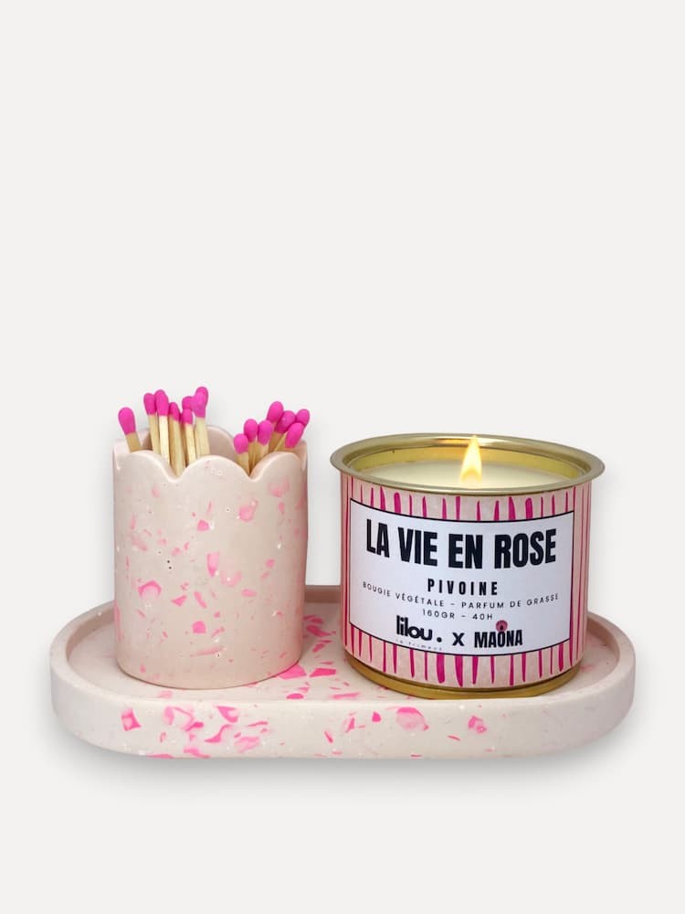 MAONA x LILOU set en jesmonite nude et fushia & bougie La vie en rose Pivoine